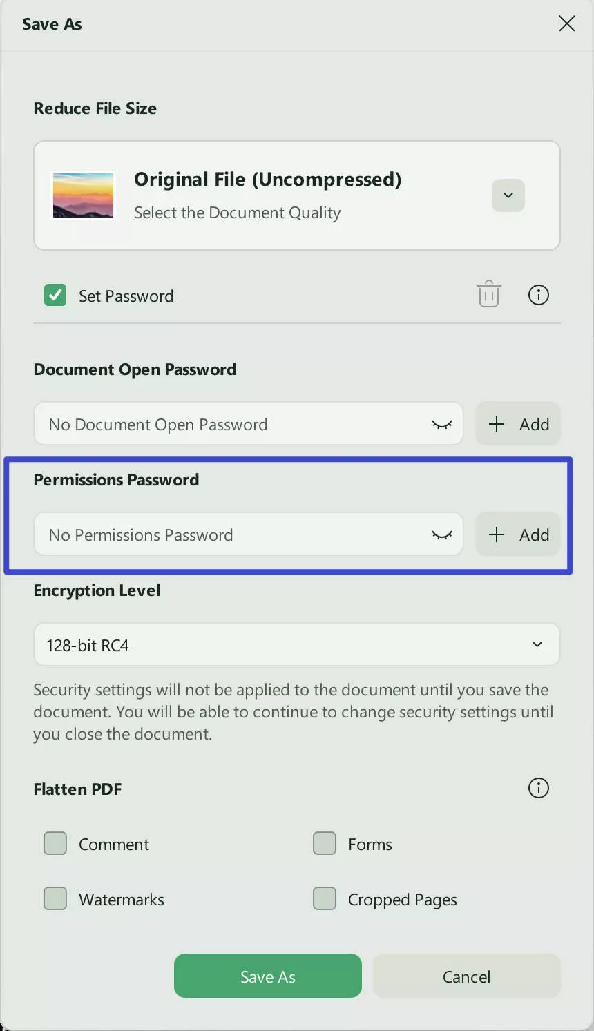 Permissions Password