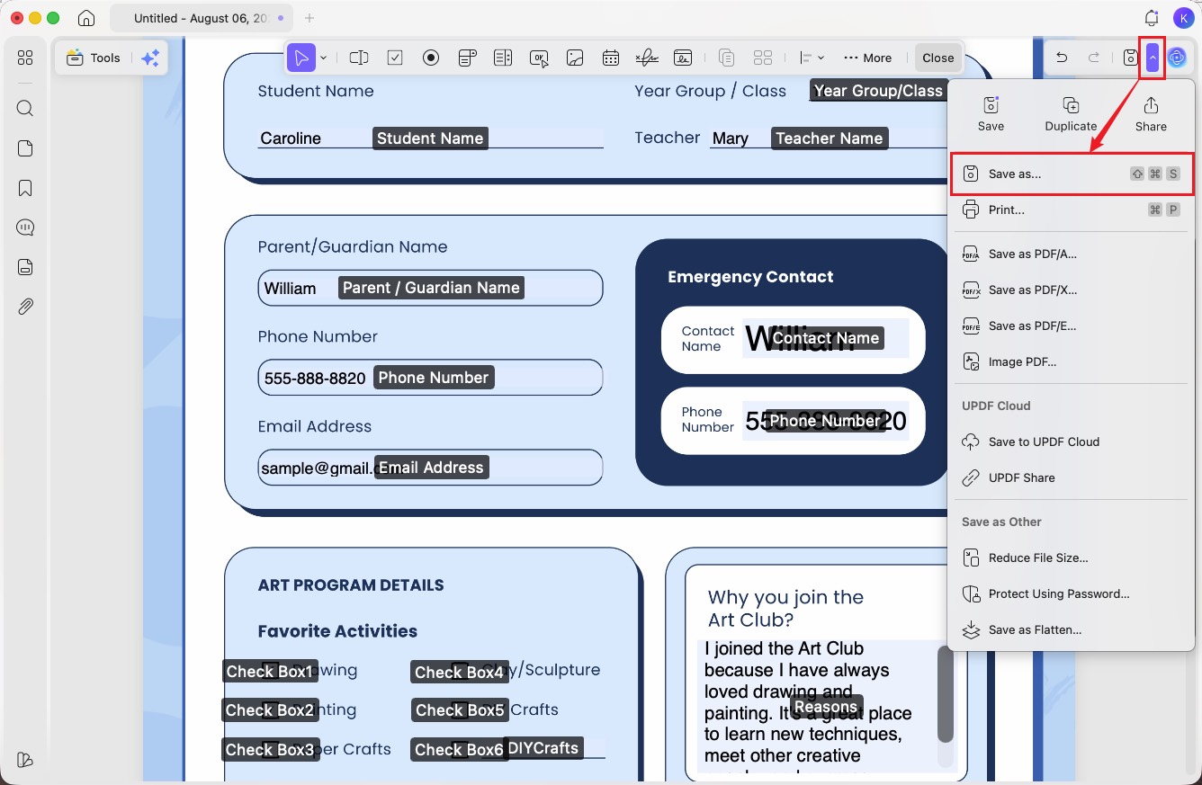 save a filled pdf with updf mac