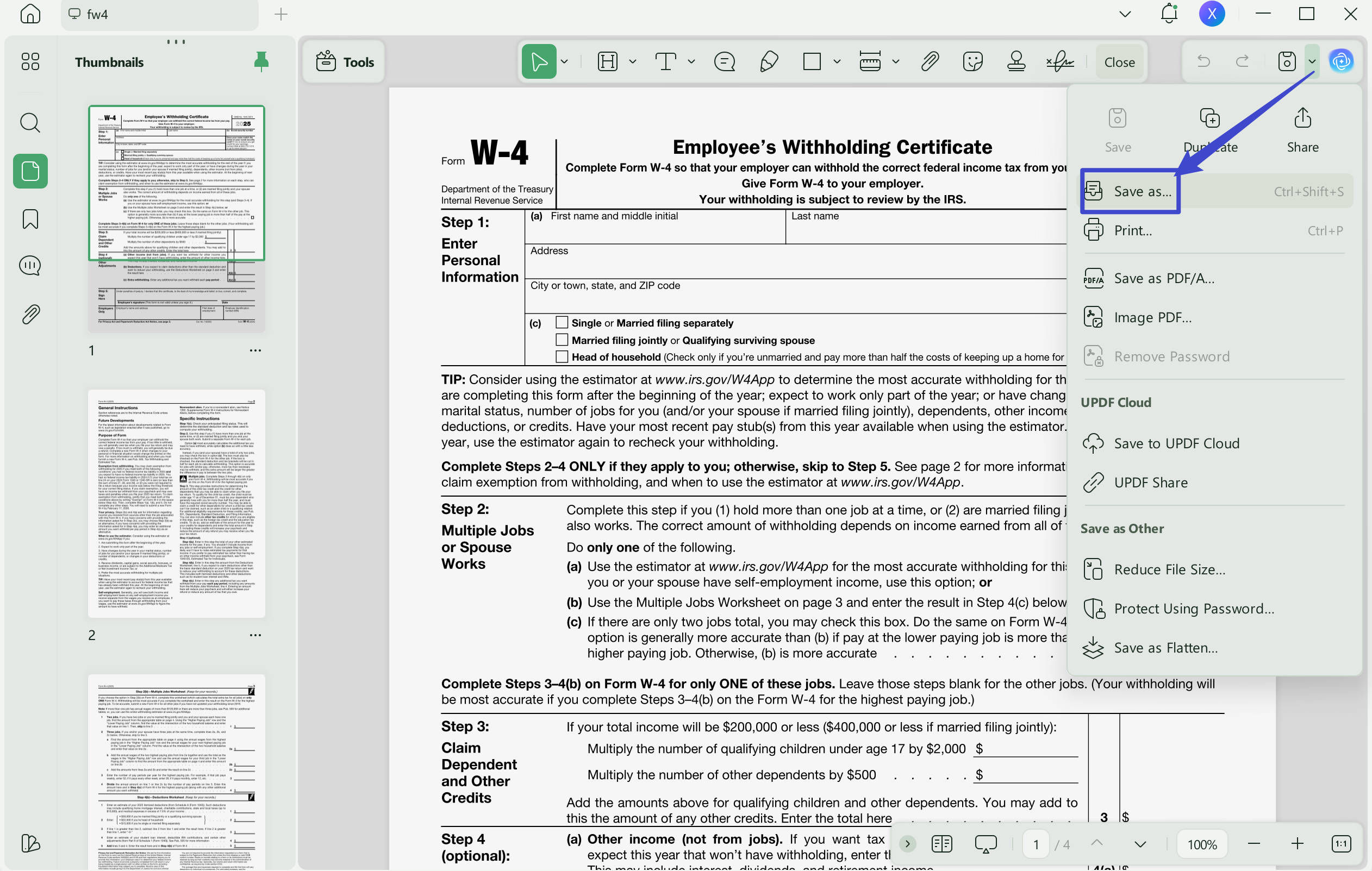 how to save fillable pdf as read only with updf