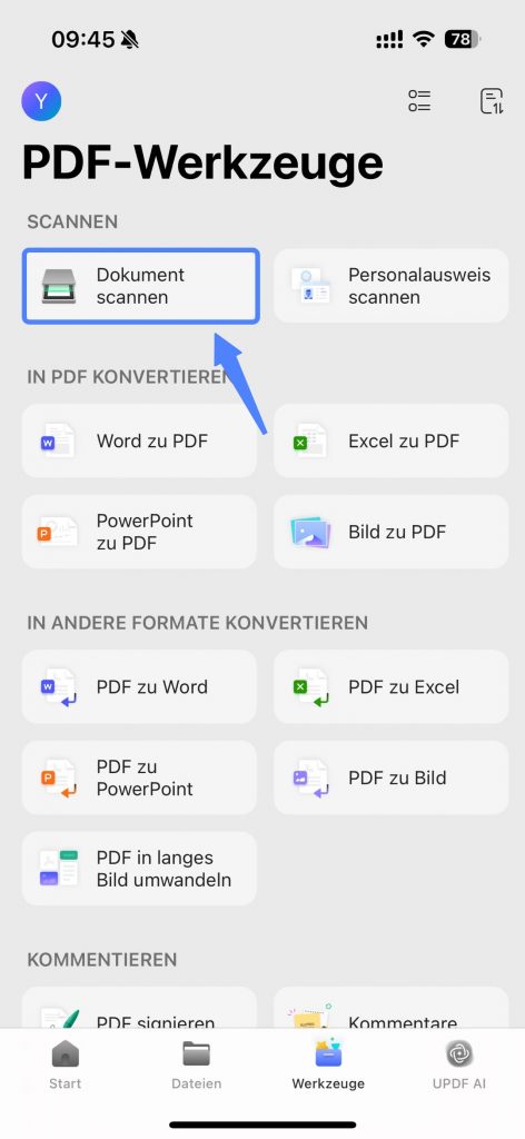Werkzeuge > Dokument scannen