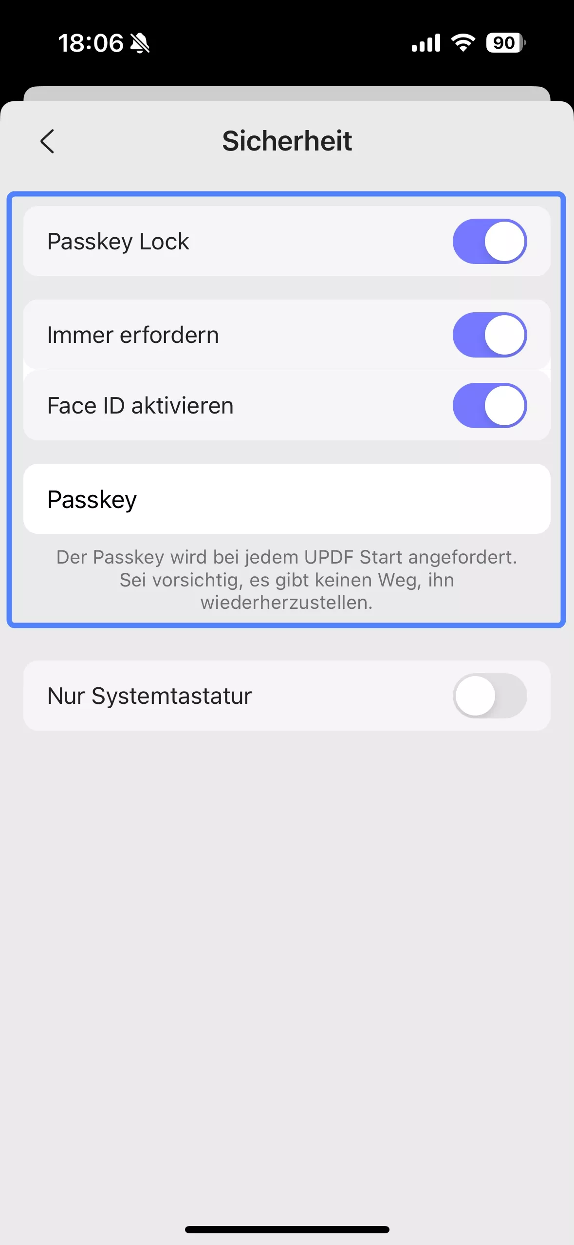 einen Passkey für UPDF festlegen