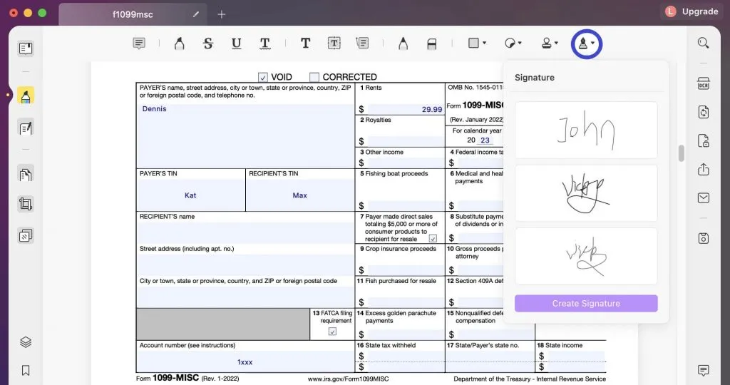 how to fill out a 1099 and signature