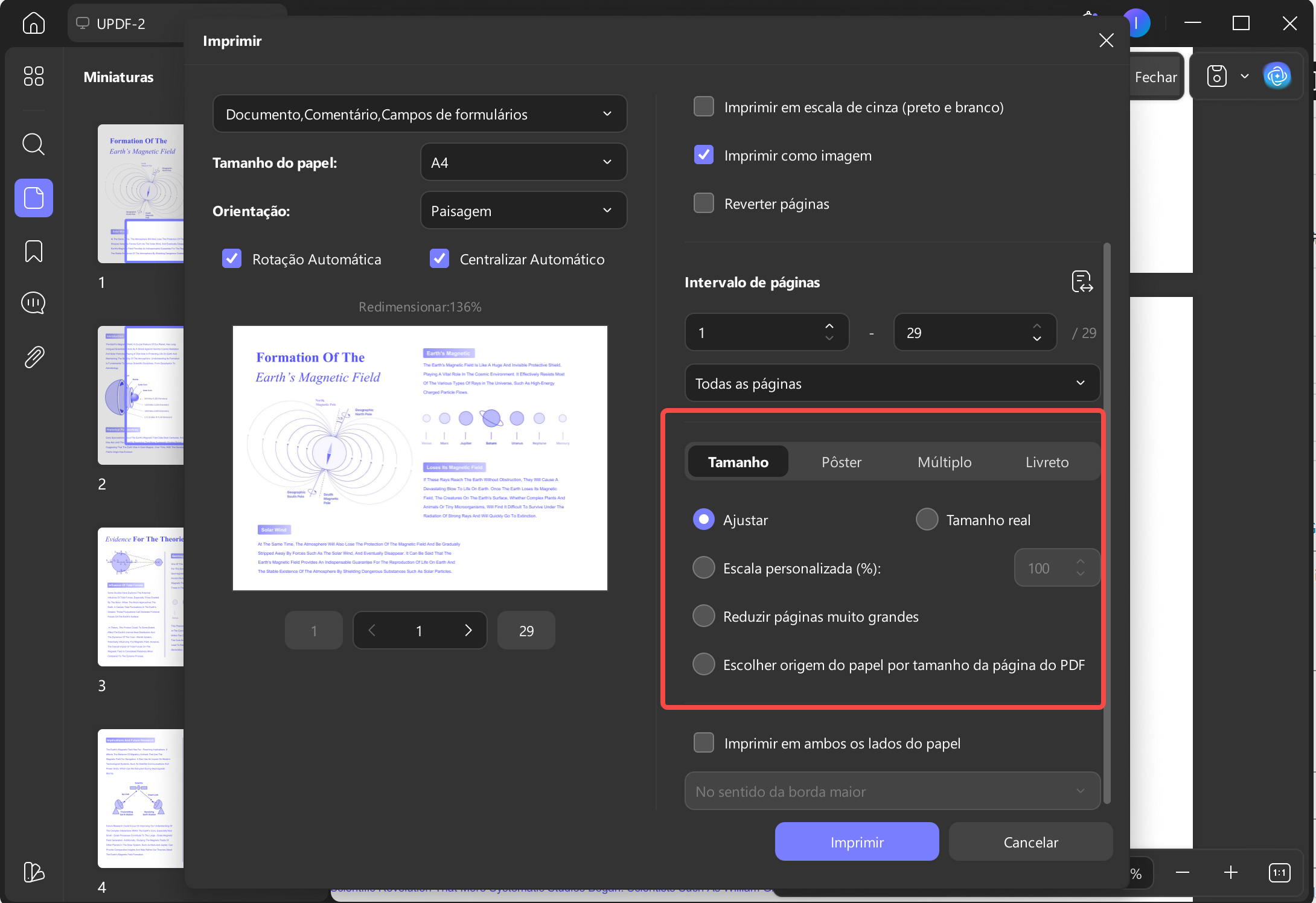 imprimir pdfs tamanho