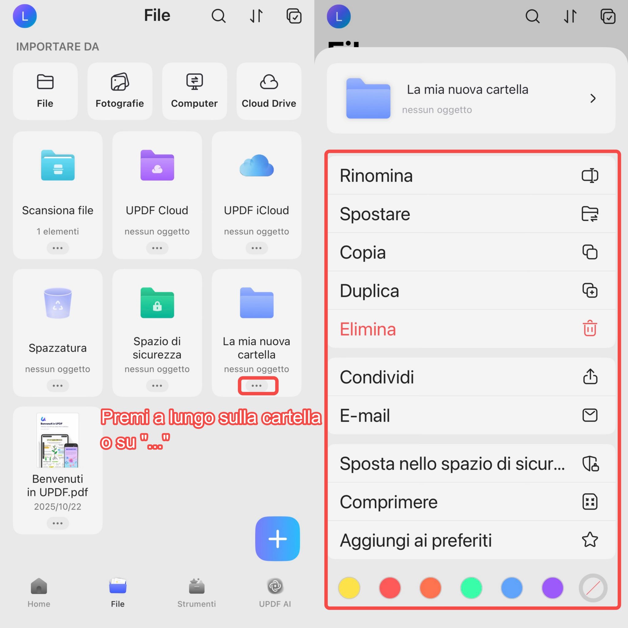 Crea e Gestisci Cartelle con UPDF su iOS | Guida Utente