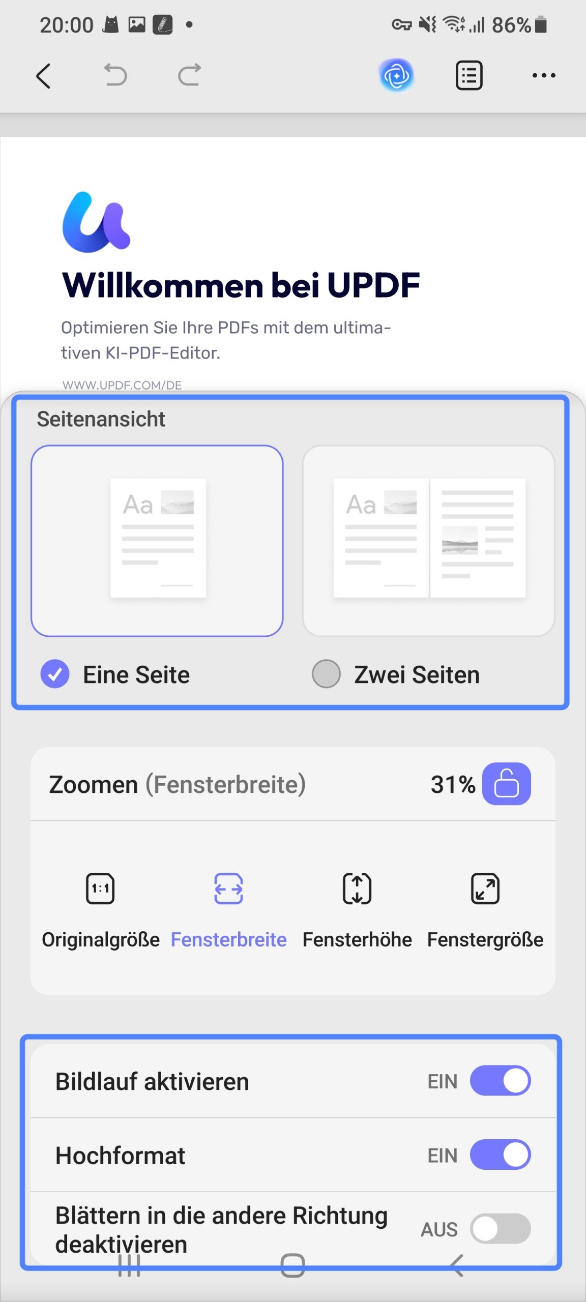 Ansichtseinstellungen anpassen