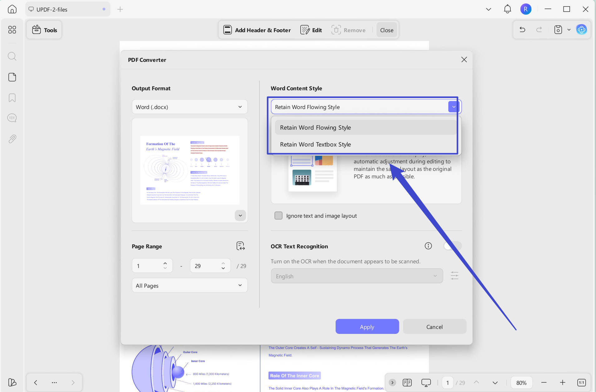 Select the Word Content Style option to convert PDF to Word UPDF Windows