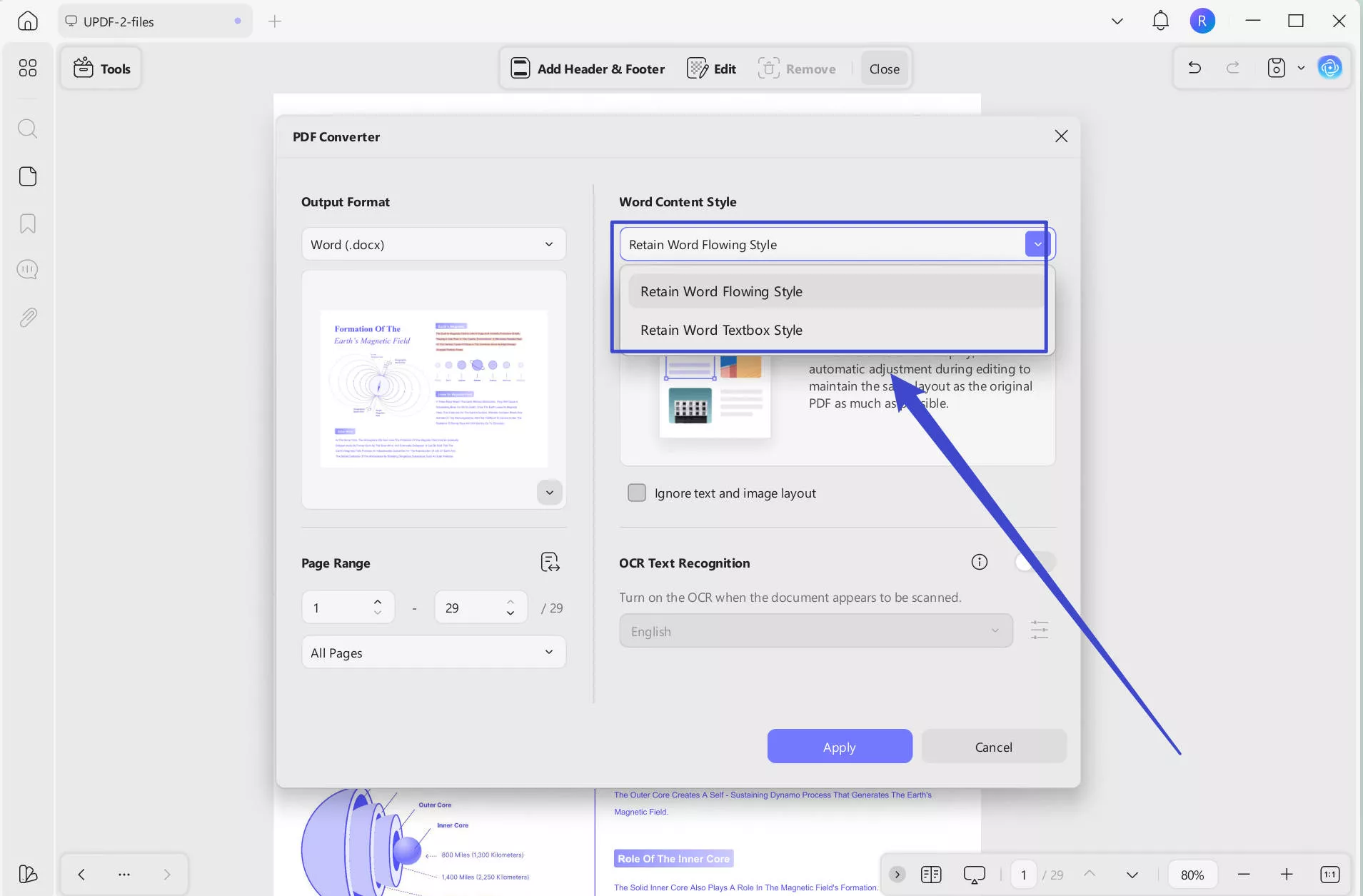 Select the Word Content Style option to convert PDF to Word UPDF Windows