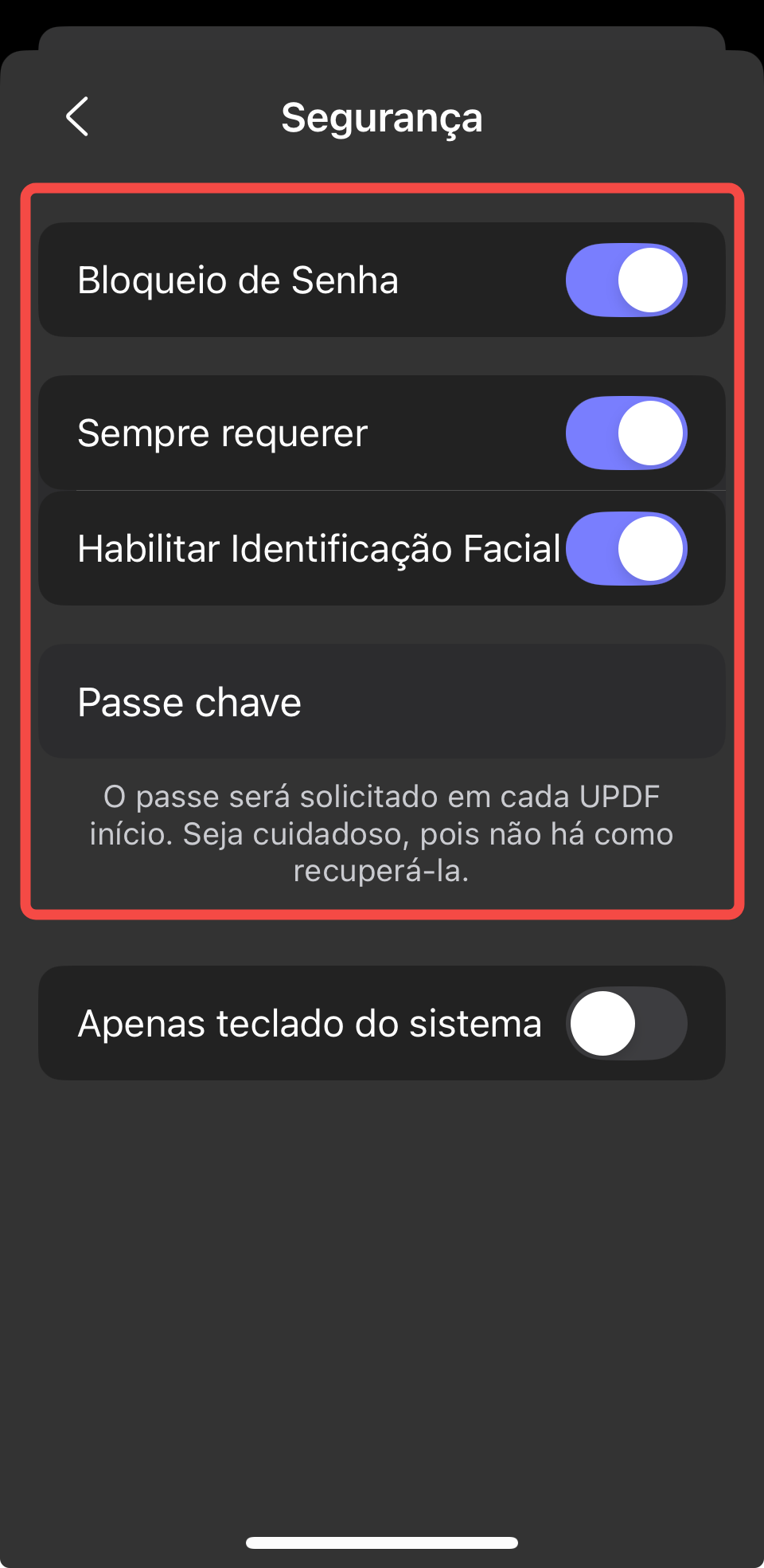 ativar bloqueio por chave de acesso
