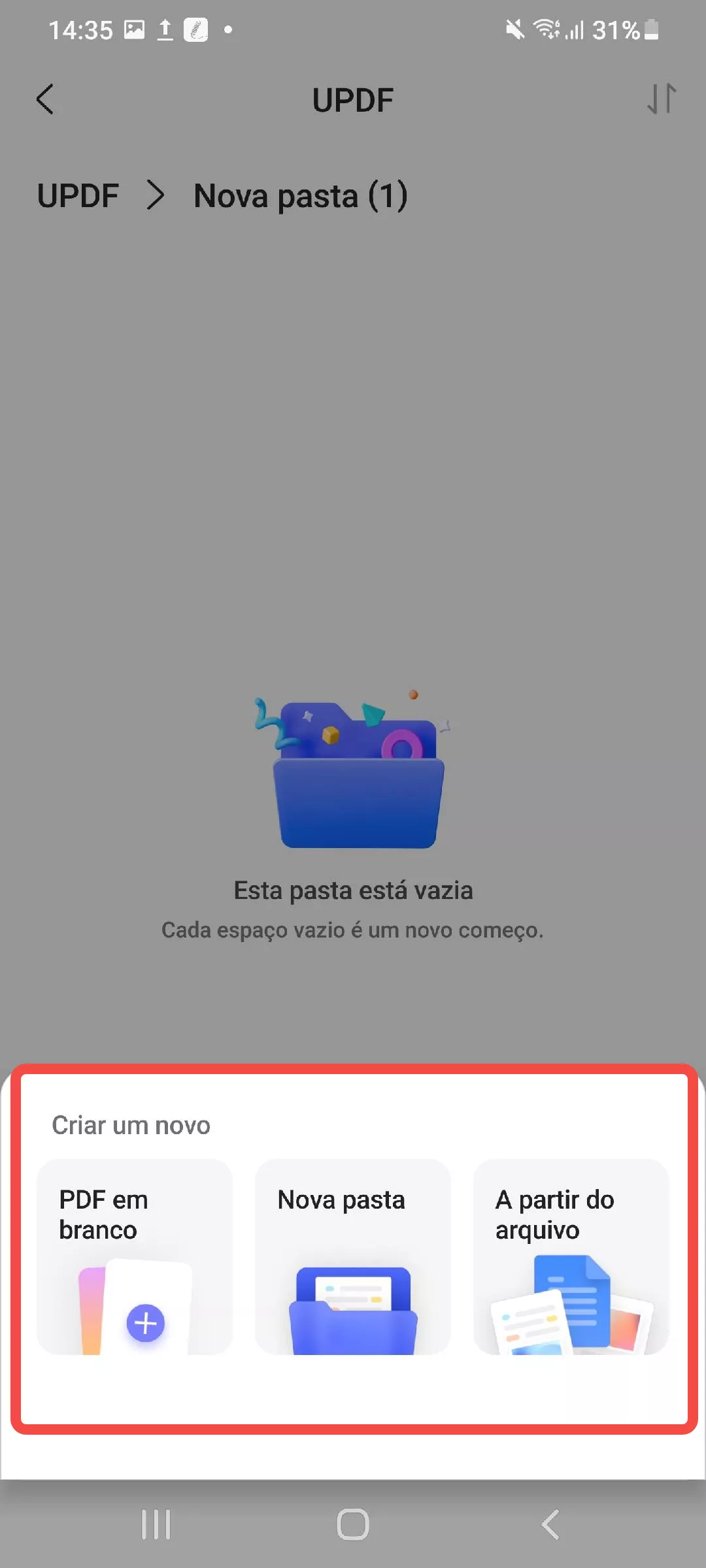 criar um pdf em branco, uma nova pasta ou importar arquivos pdf da pasta arquivos para essa nova pasta