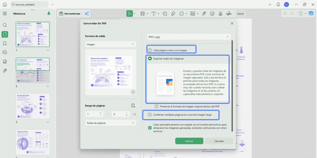 Convertir páginas PDF a JPG o extraer imágenes