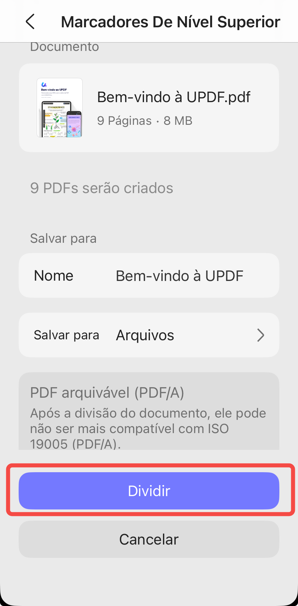 dividir pelos marcadores de nível superior