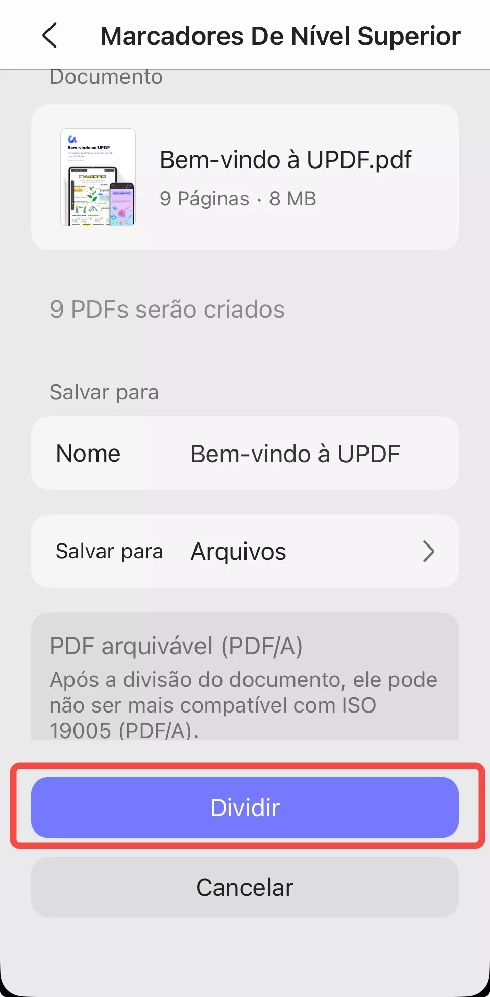 dividir pelos marcadores de nível superior