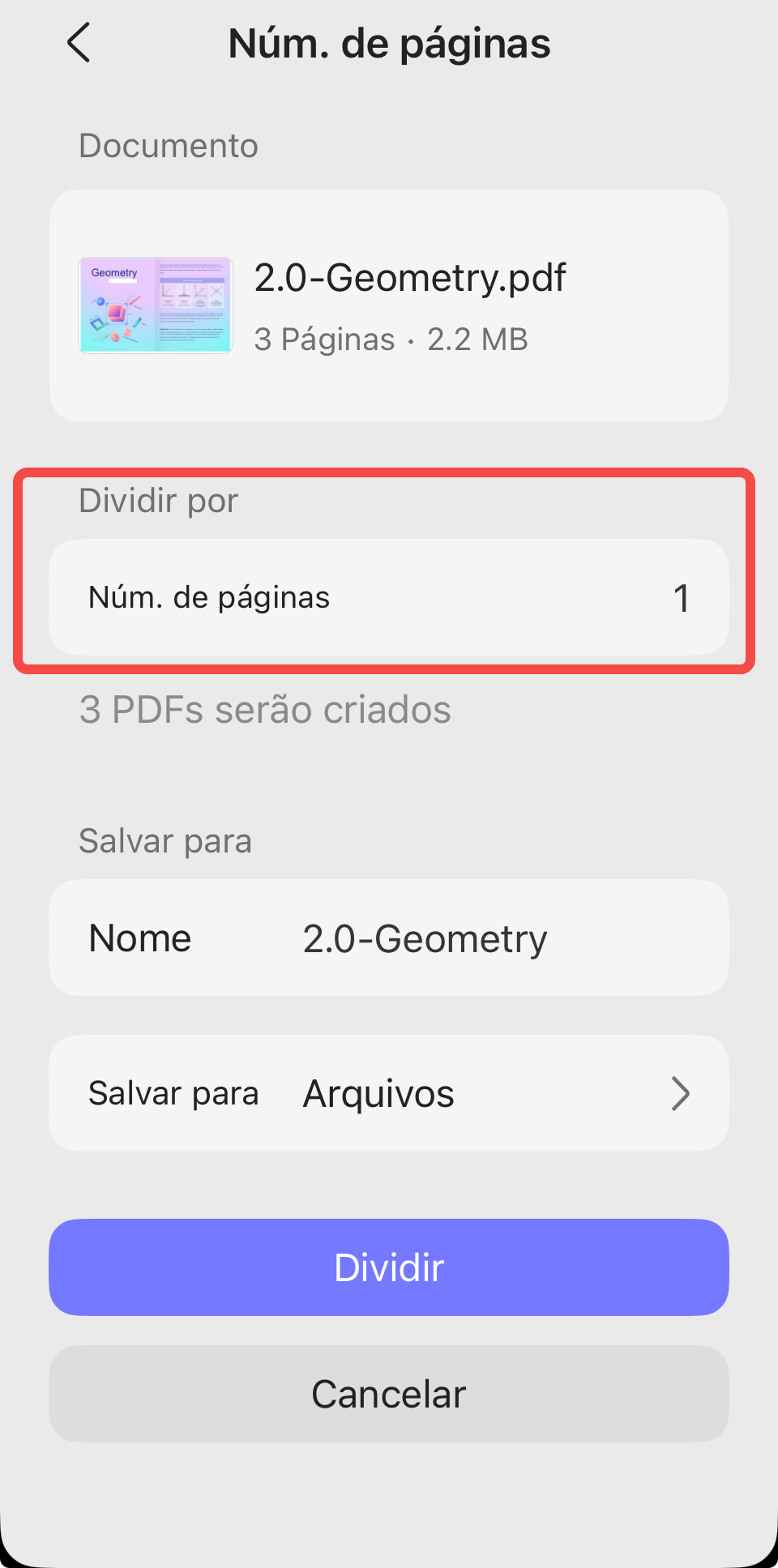 dividir por número de páginas