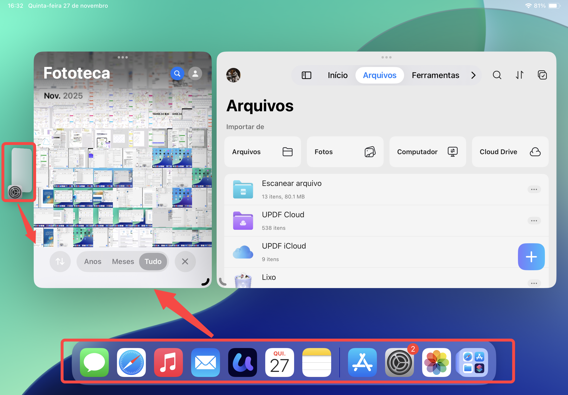 arraste um app dos apps usados recentemente