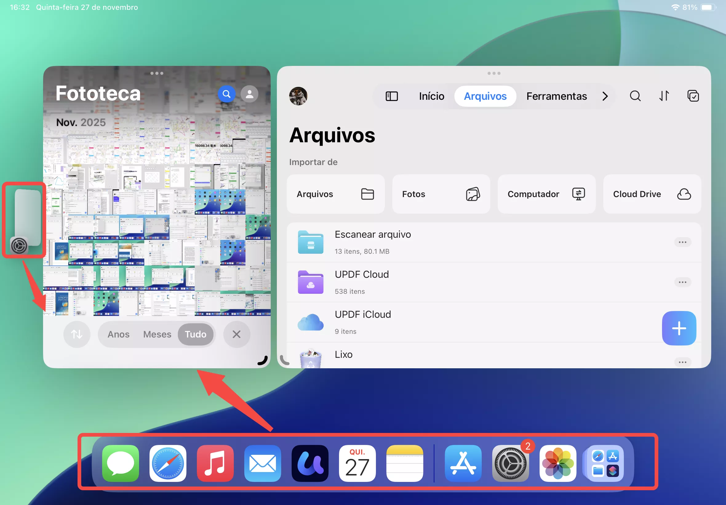 arraste um app dos apps usados recentemente