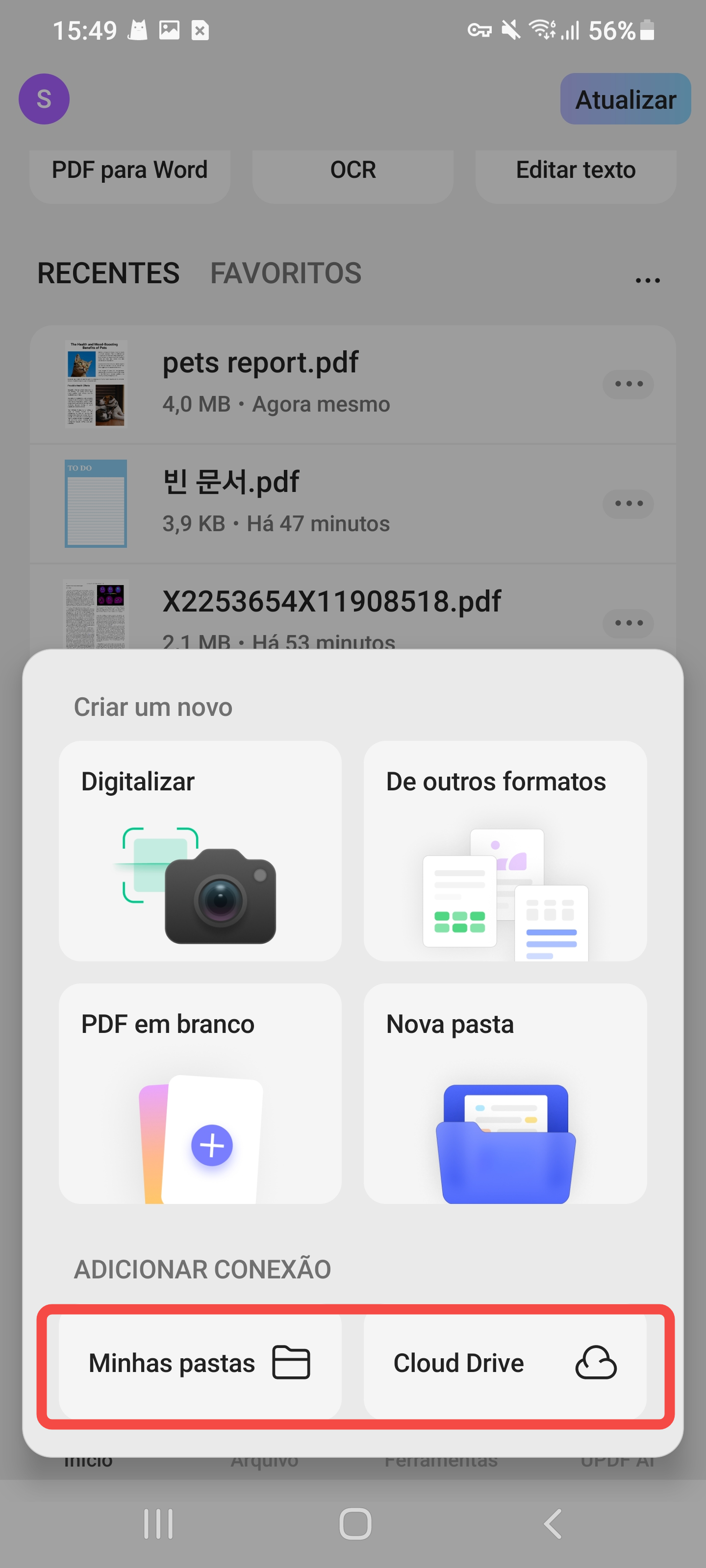 adicionar pdfs no updf