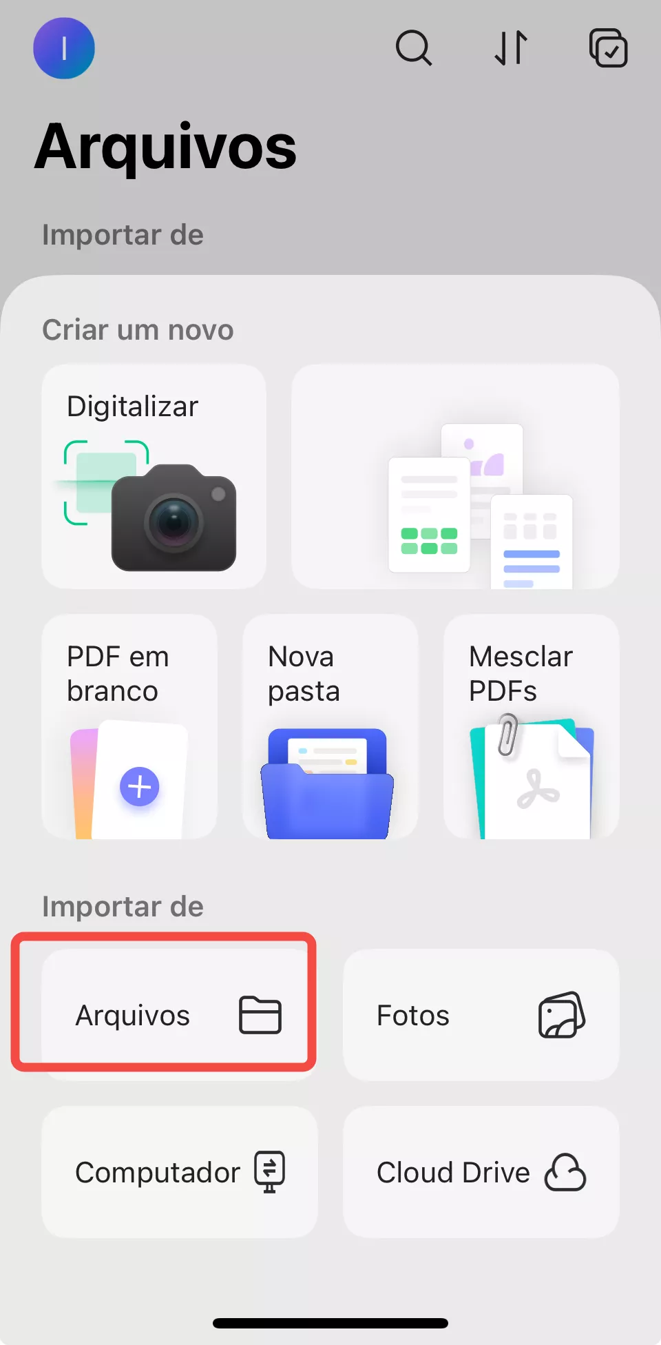 selecionar arquivos na seção "importar de" para importar o pdf desejado.