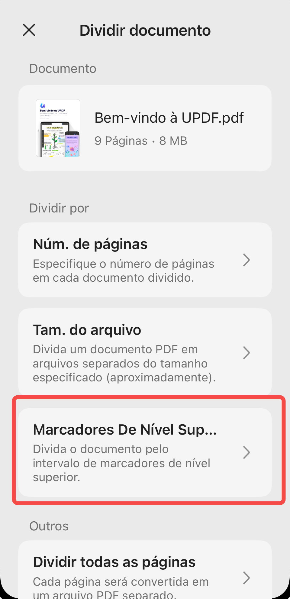 dividir pelos marcadores de nível superior