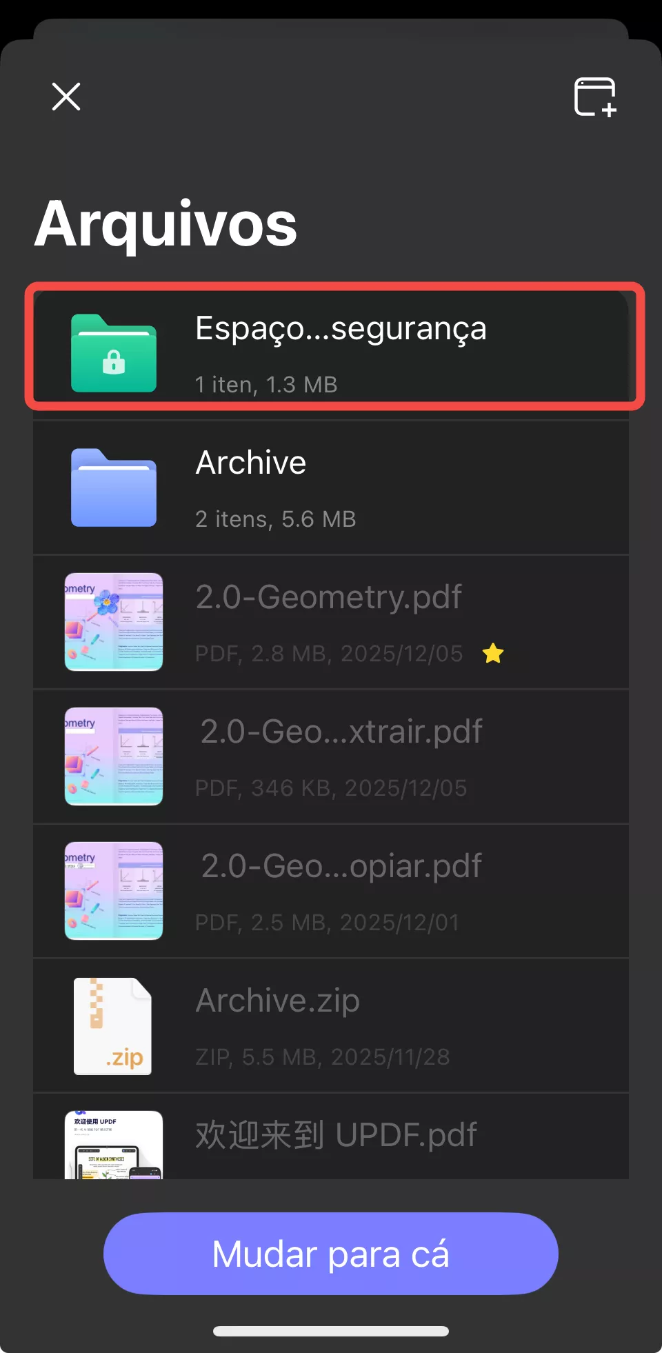 mover arquivos ao espaço de segurança
