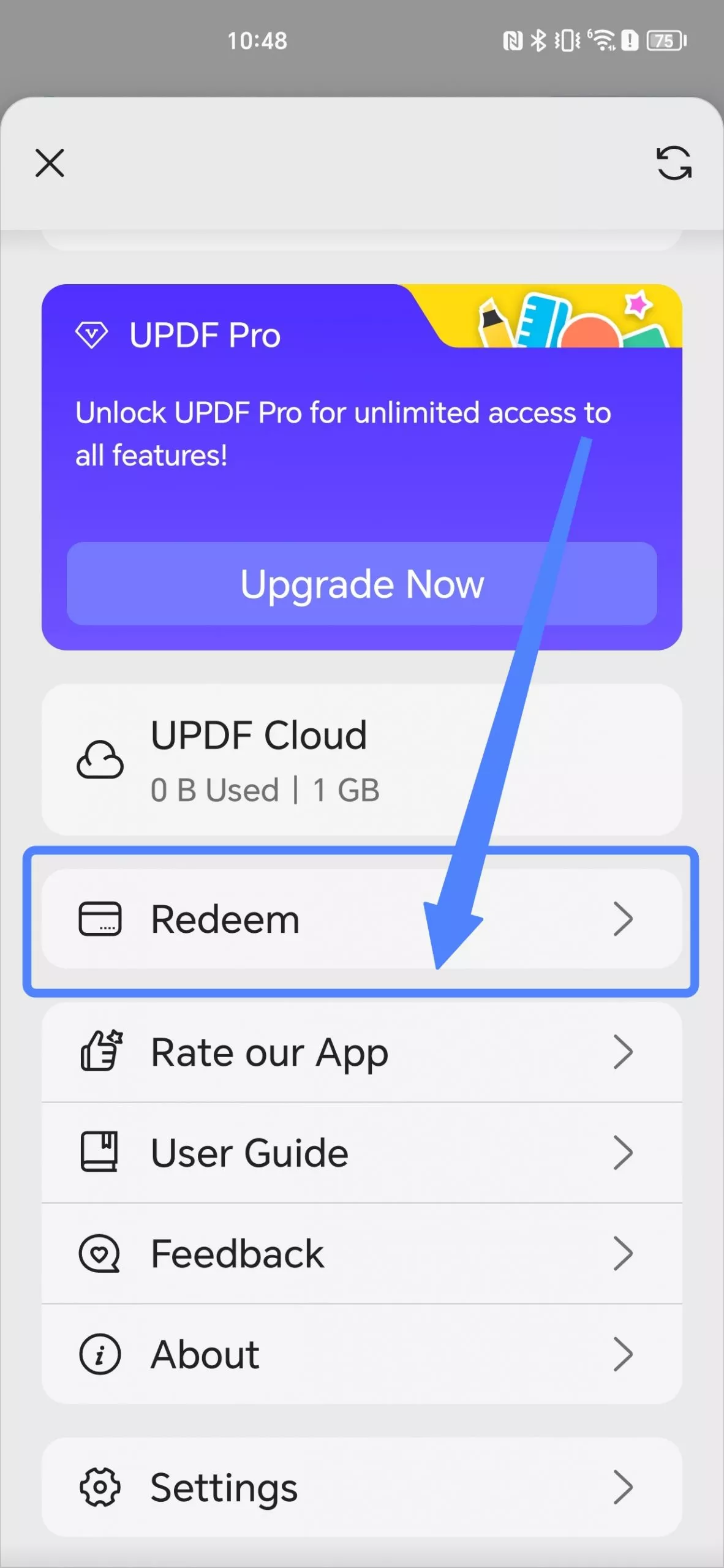 redeem the code with updf android