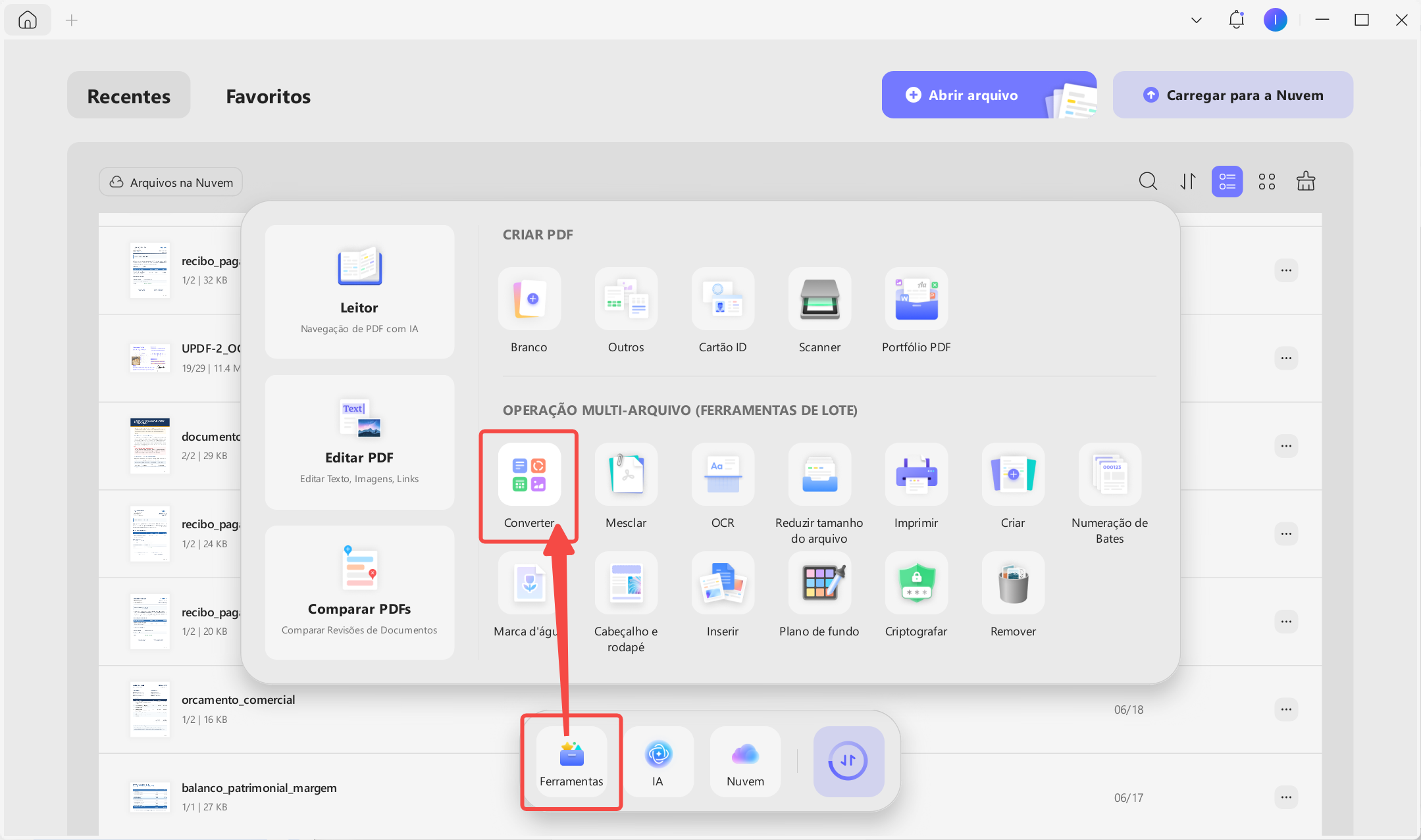 selecionar converter na ferramenta de updf