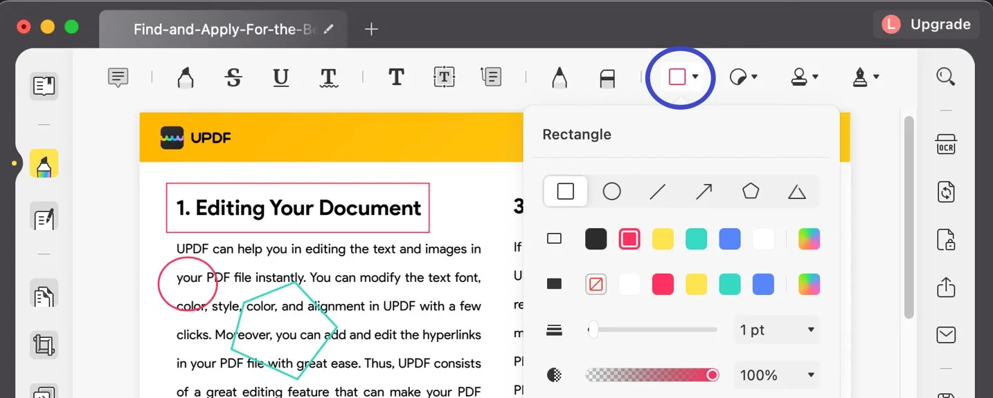 add shapes to pdf with updf on mac