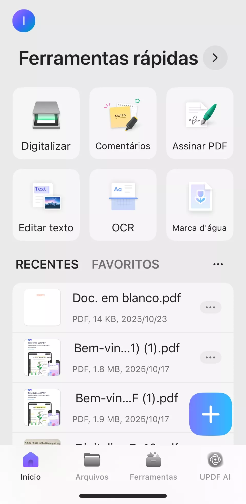 ferramentas rápidas e updf menu