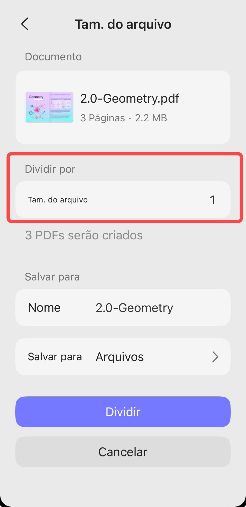 dividir por tamanho da página