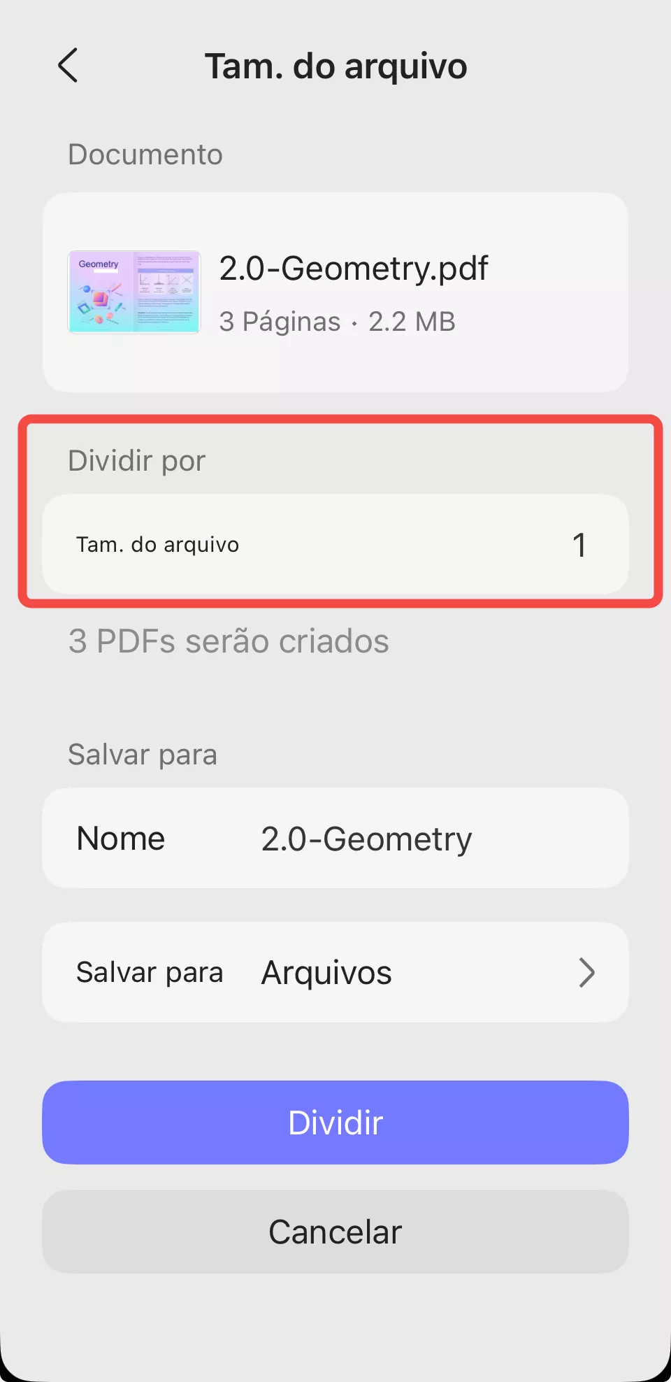 dividir por tamanho da página