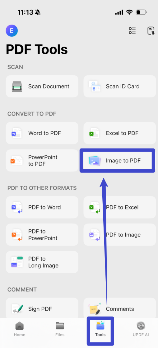  tap “Tools” and choose "Image to PDF". 