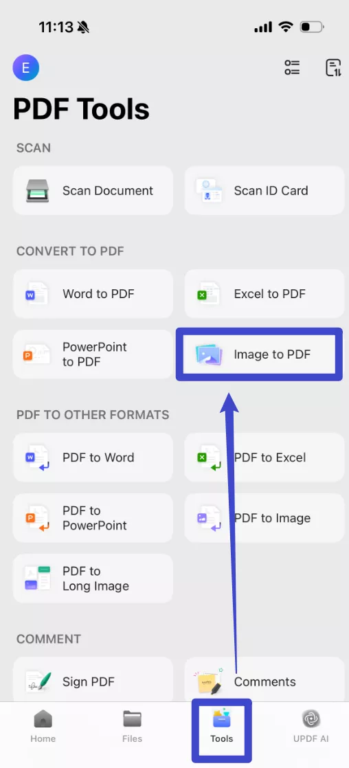  tap “Tools” and choose "Image to PDF". 
