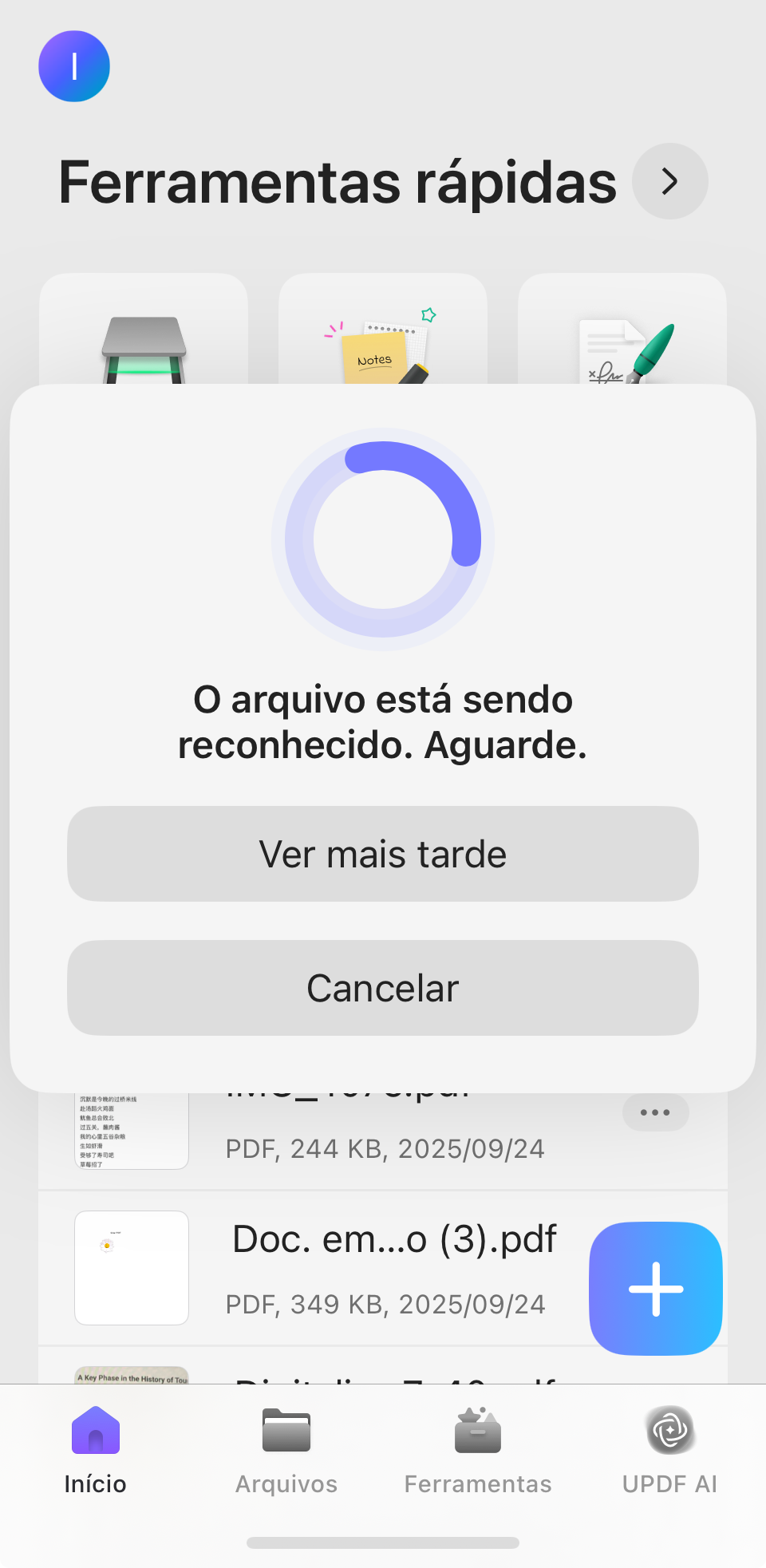 aguarde a conclusão do reconhecimento do arquivo