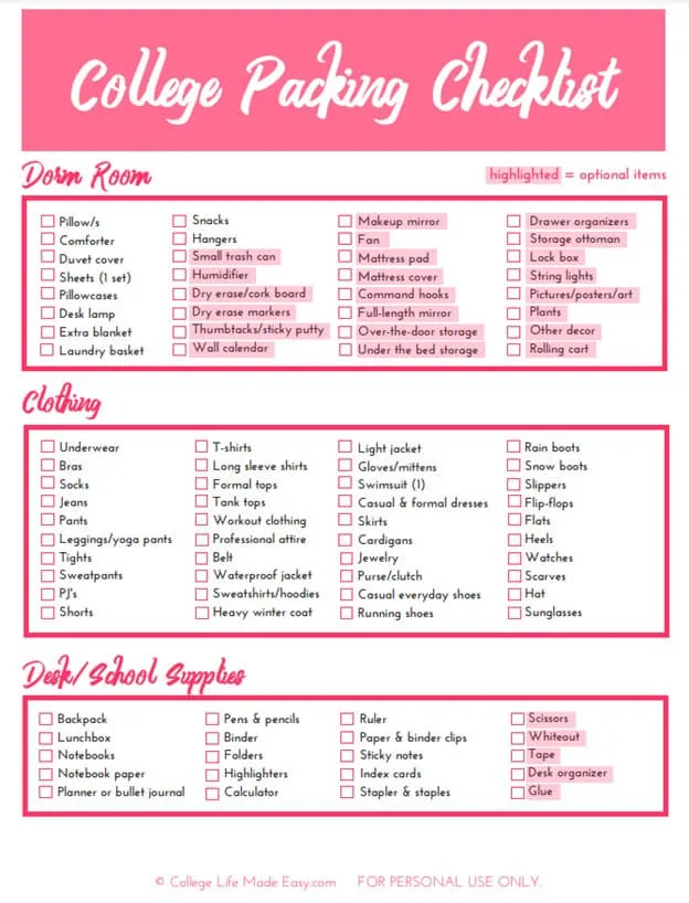 College Packing List for Girls PDF Template
