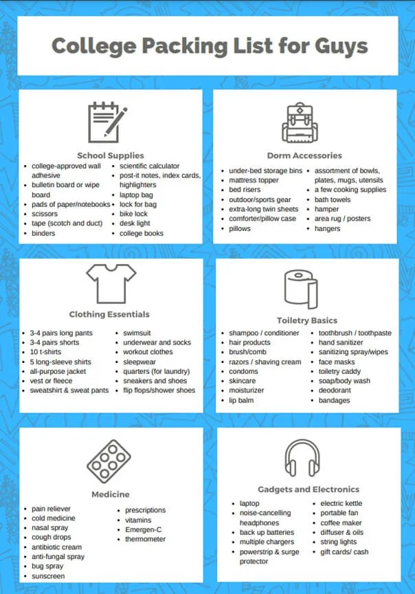 College Packing List for Boys PDF Template