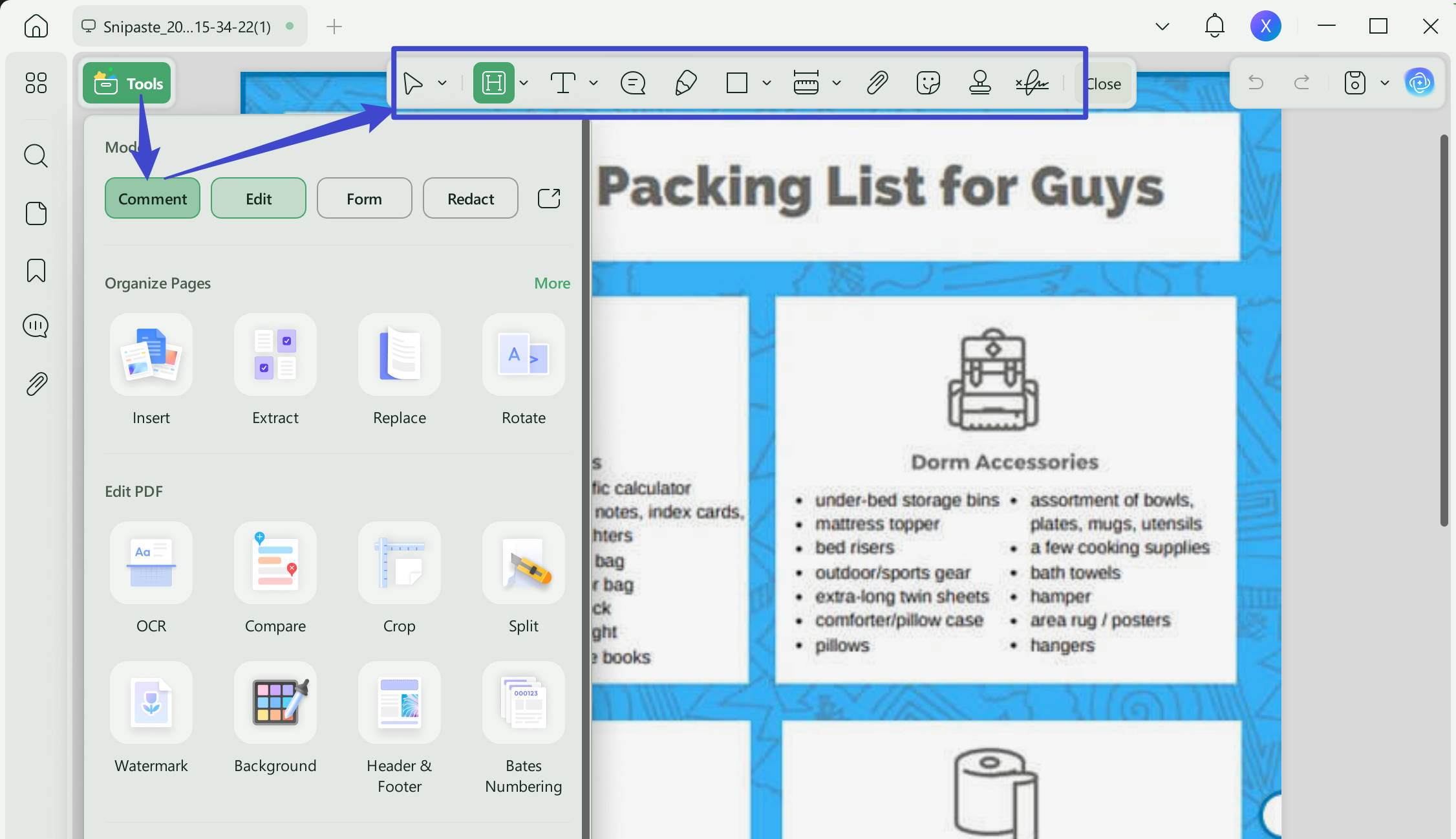 Markup college packing list with UPDF