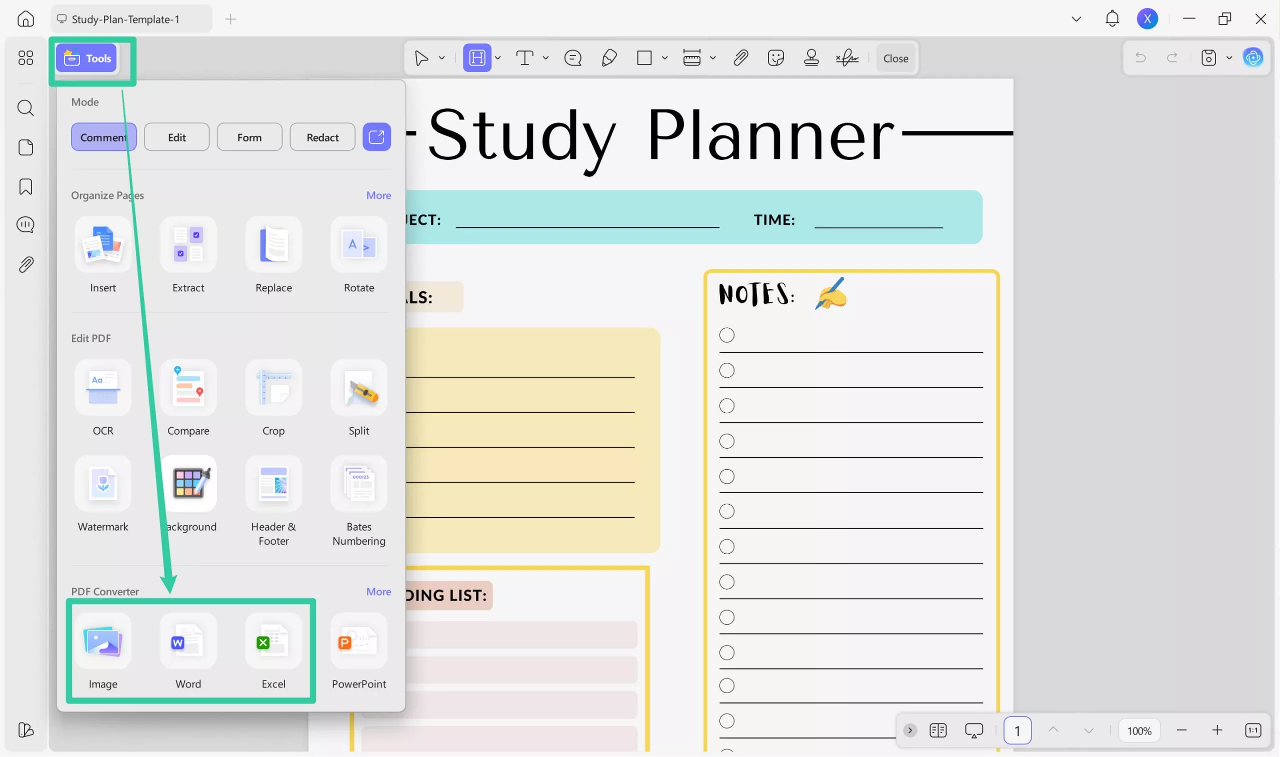 Export study plan template to word via UPDF