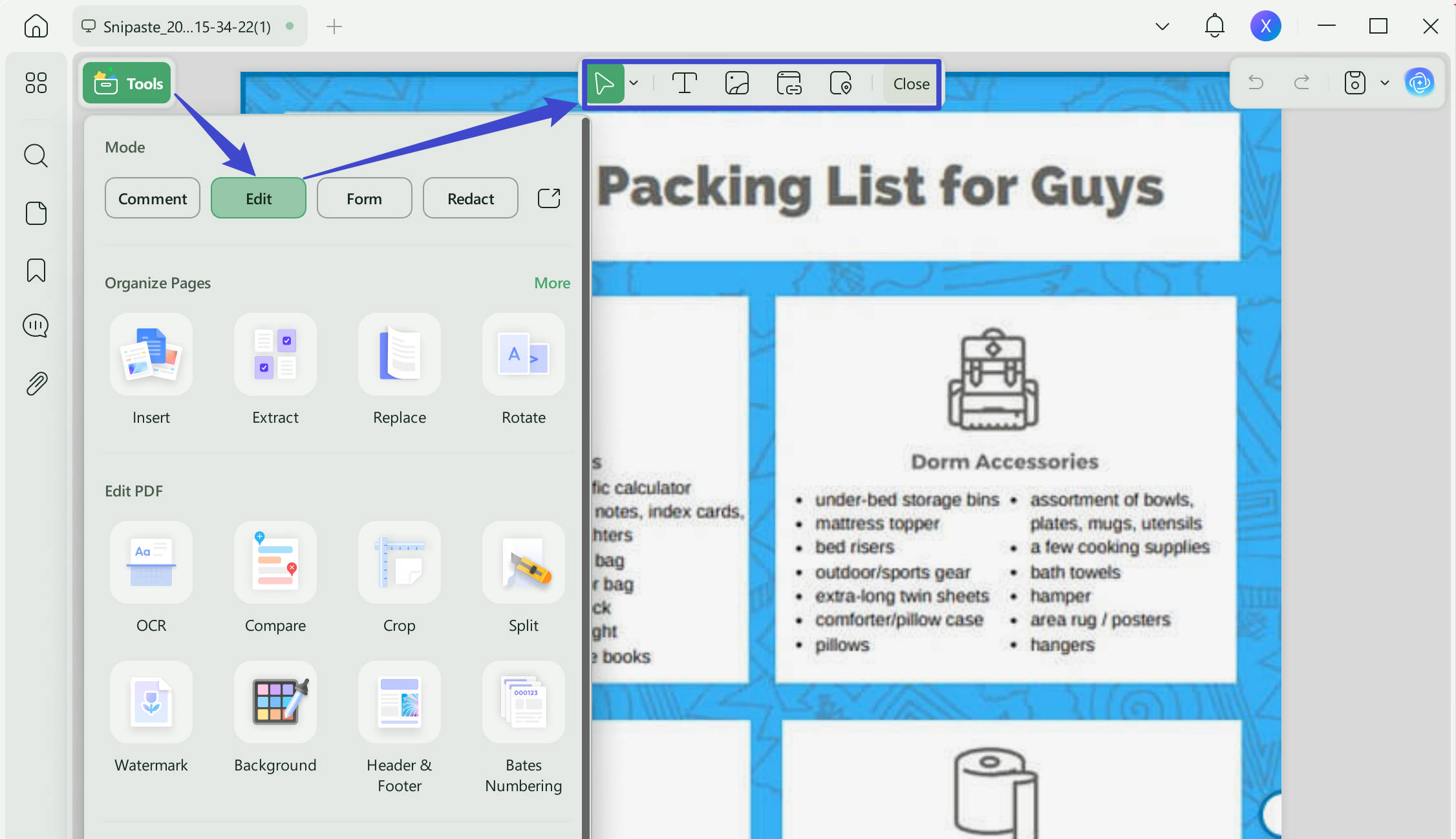 Edit college packing list with UPDF