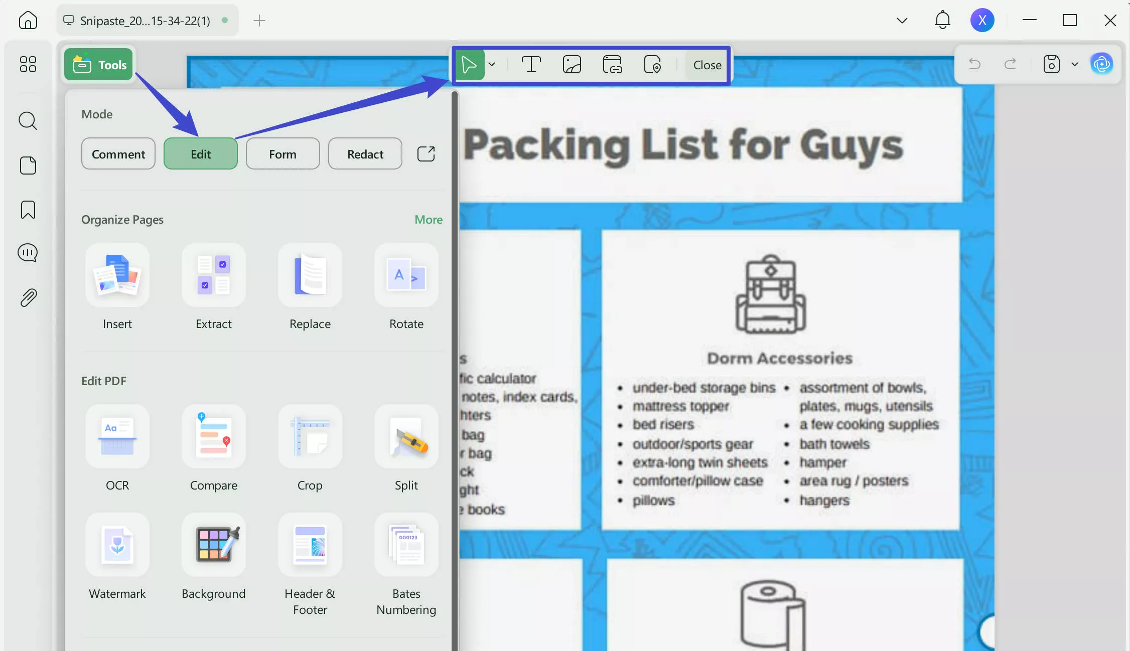Edit college packing list with UPDF