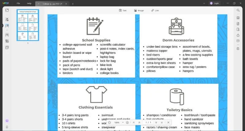 Edit college packing list using UPDF