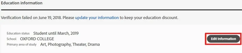 Edit information to get adobe acrobat discount for students