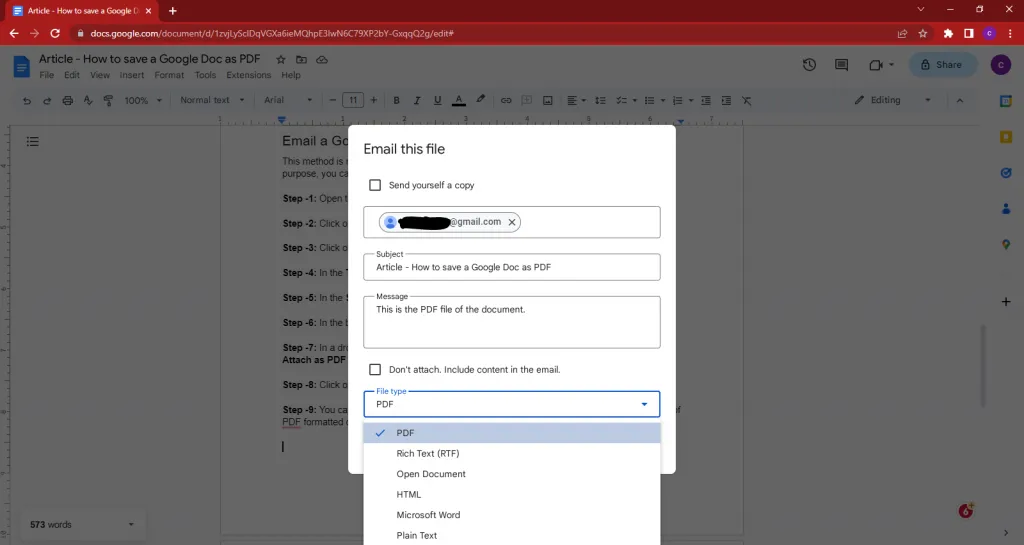 email google doc in pdf format