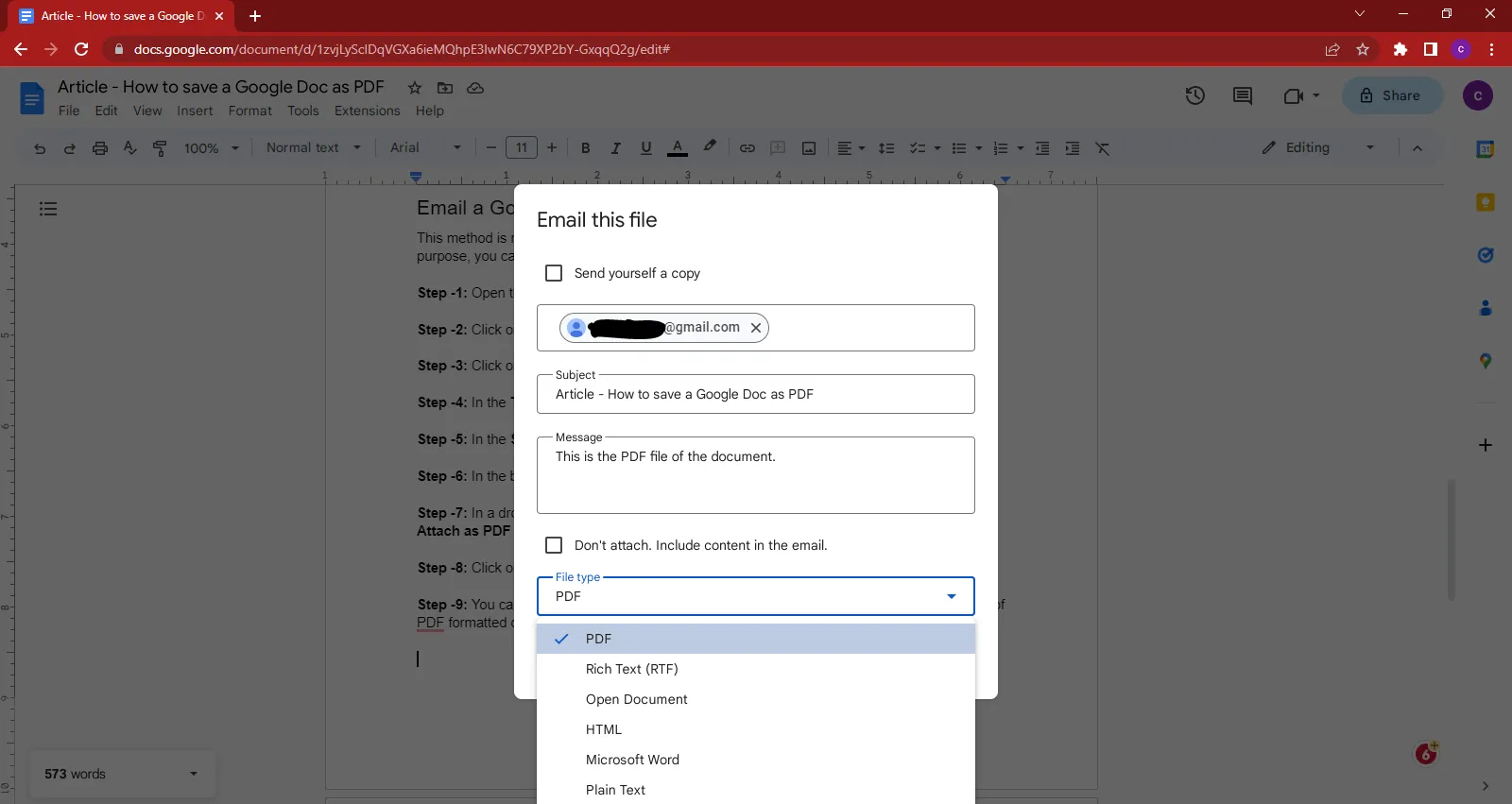 email google doc en format pdf