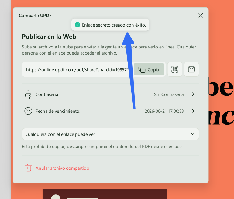 generar con éxito el enlace, copia y comparte el enlace