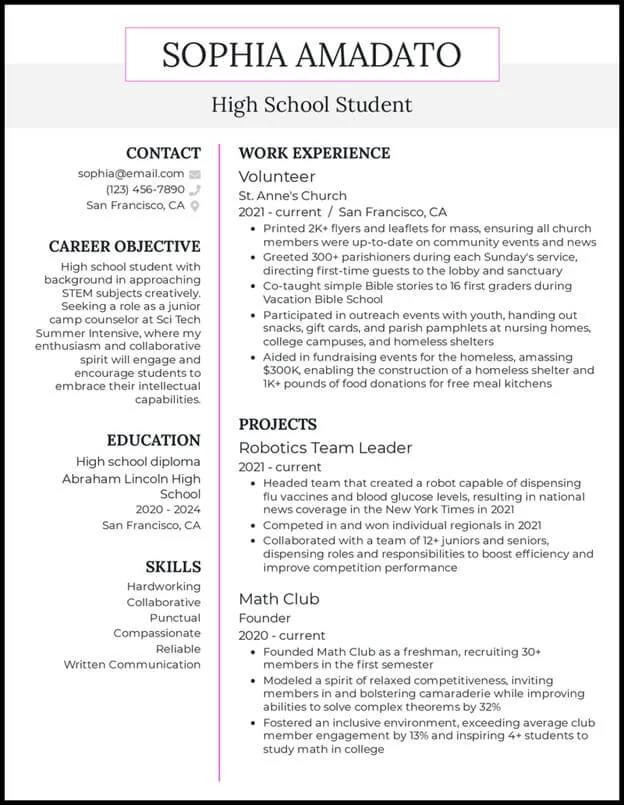 High School Student Resume Examples One