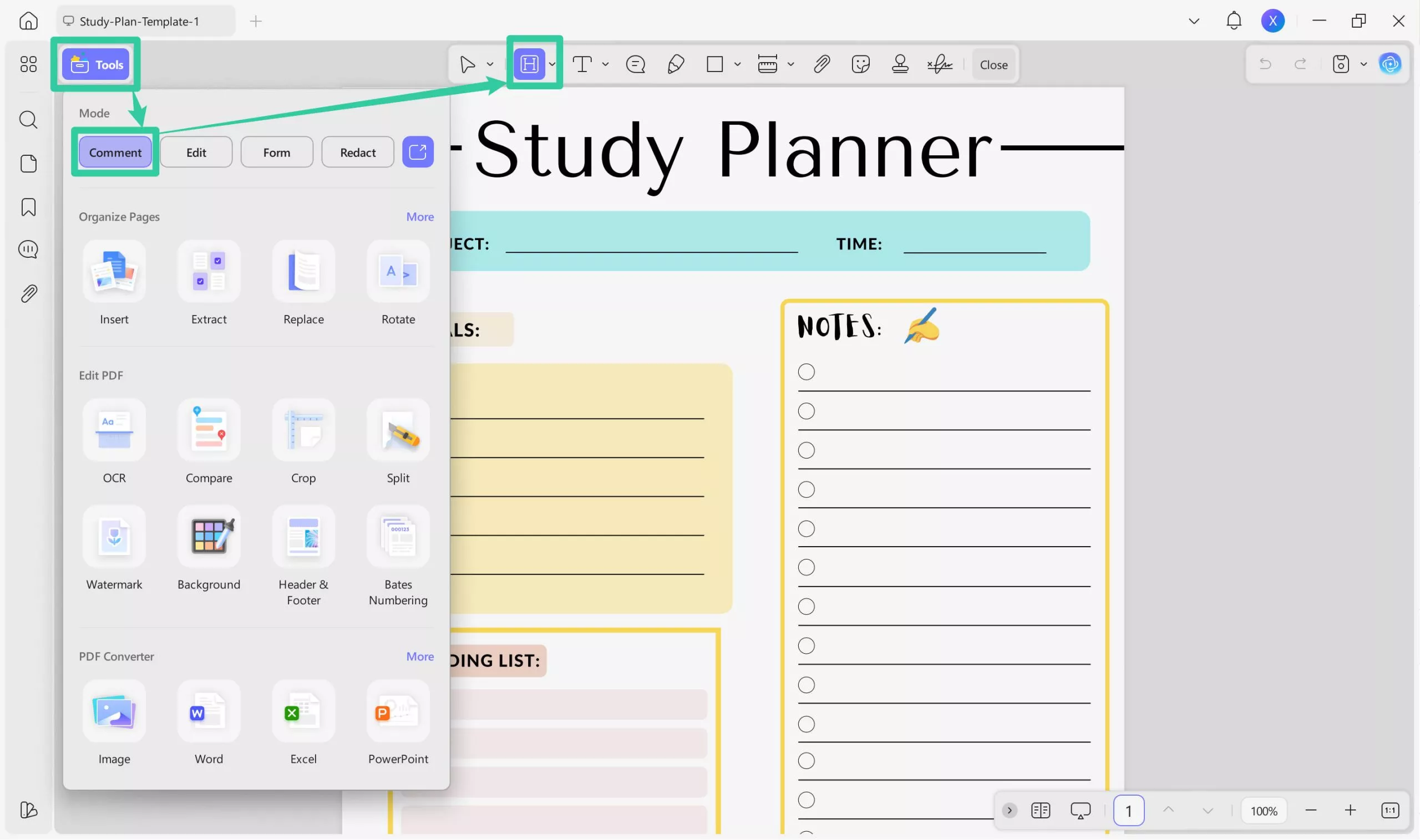 Annotate study plan template in UPDF
