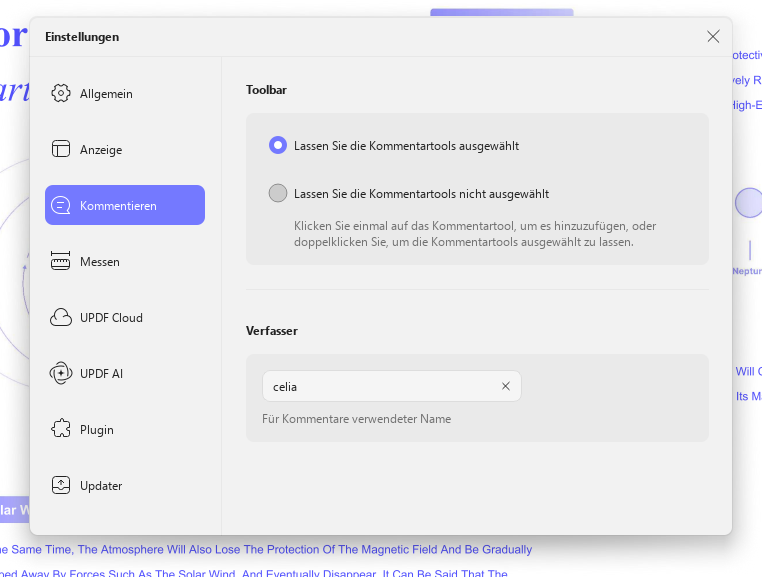 Lassen Sie die Kommentartools ausgewählt