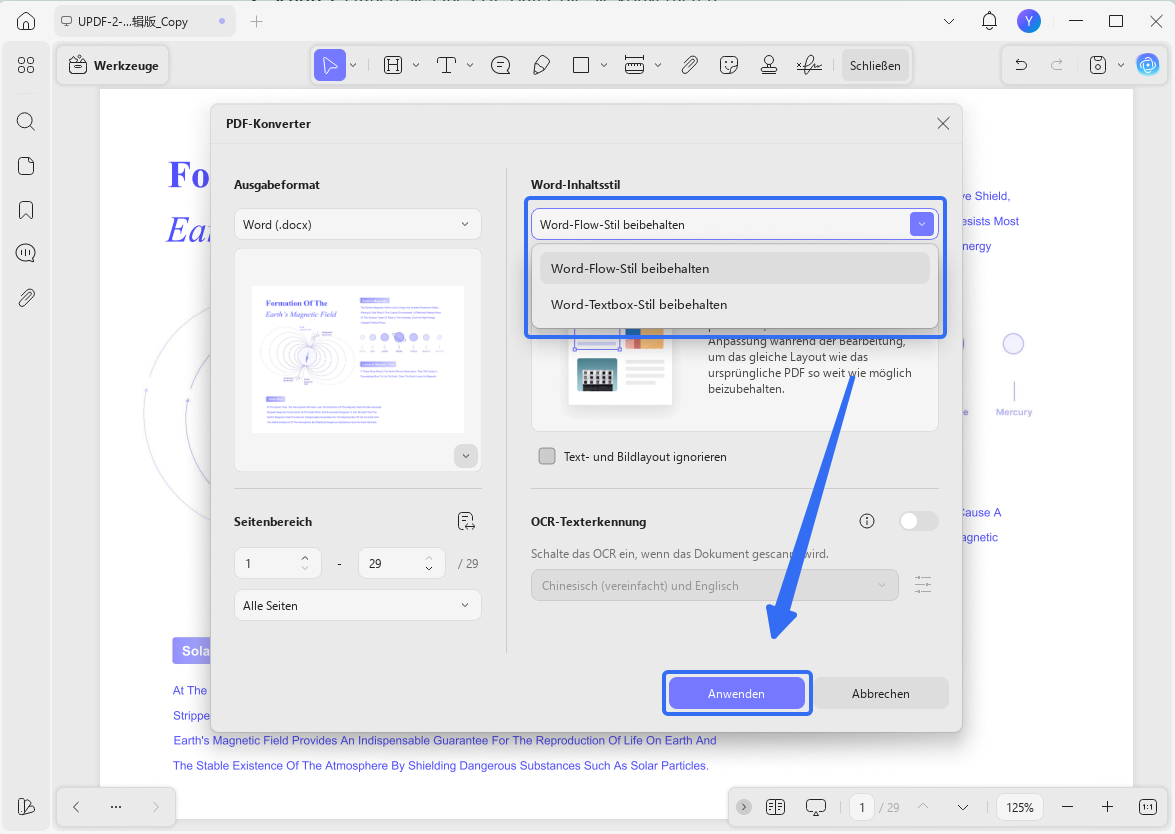 Layout-Einstellungen bei der Konvertierung von PDF in Word mit UPDF unter Windows