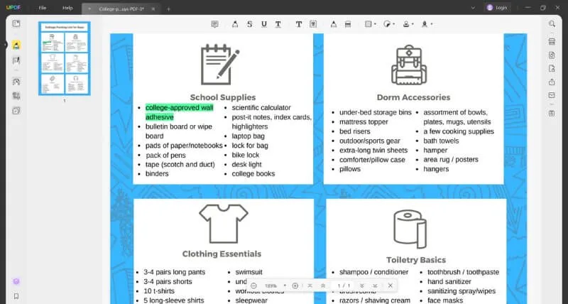 Markup college packing list with UPDF