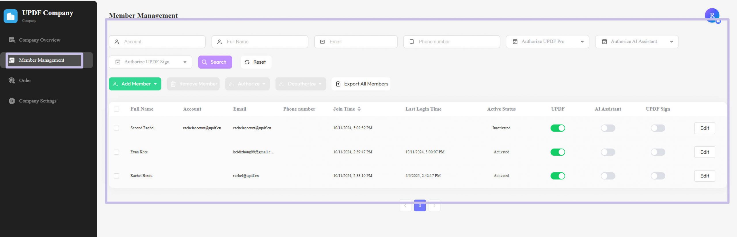 Manage menber in UPDF Enterprise Dashboard