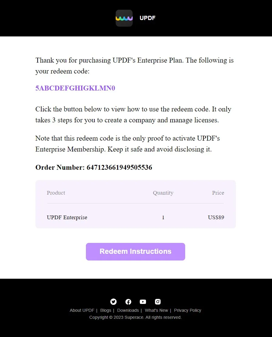 updf enterprise plan order confirmation email